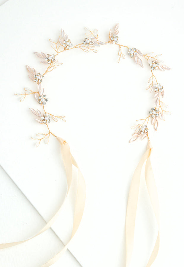 Petite Floral Crystal and Pearl Silk Ribbon Headband