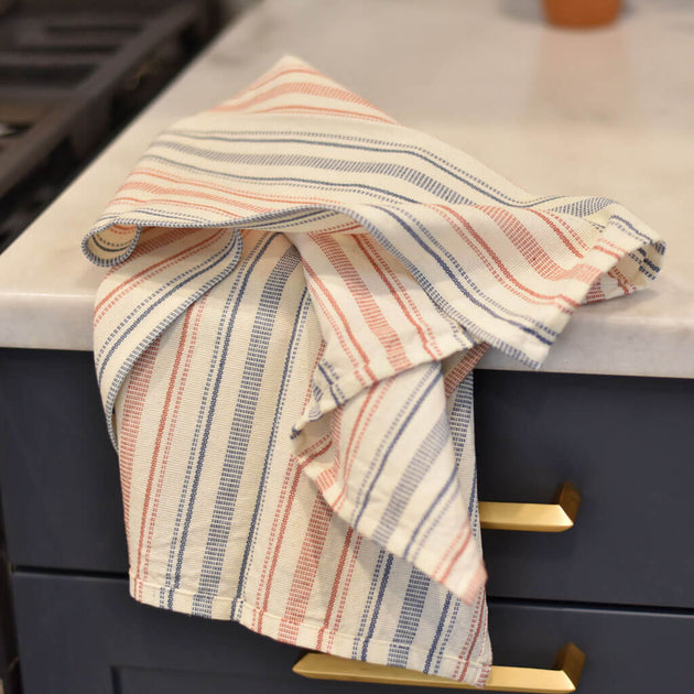 Blue & Yellow stripe hand woven dish towels Fair Trade Mayamam Weavers