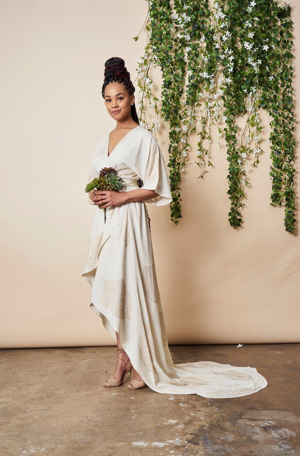 Peacock Feather Maxi Wrap Dress in Cream and Gold
