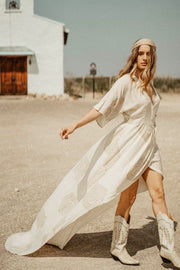 Peacock Feather Maxi Wrap Dress in Cream and Gold