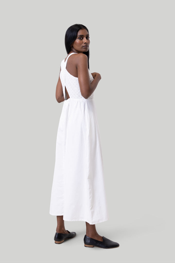 Cross-back Midi Dress in Eyelet Embroidery