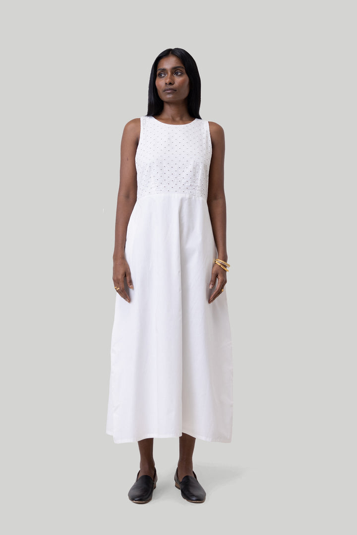 Cross-back Midi Dress in Eyelet Embroidery