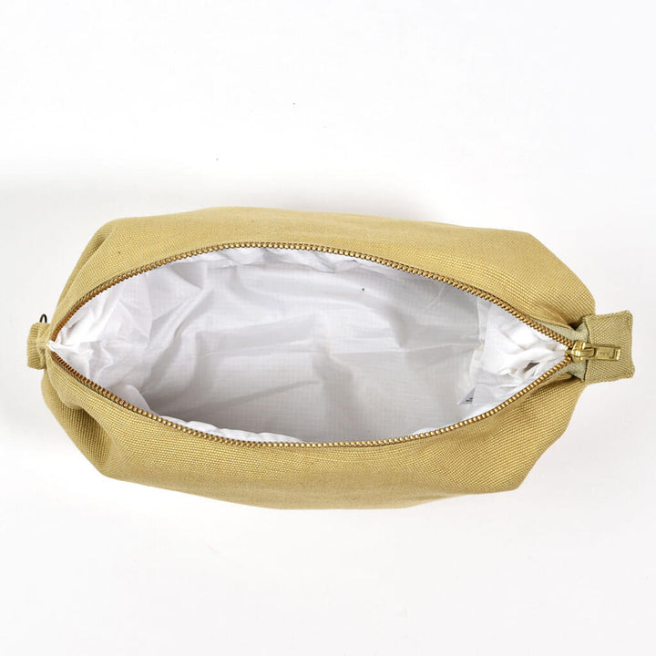 Hand Woven Toiletry Bag | Khaki Canvas with Sage Base "Charming Accident"