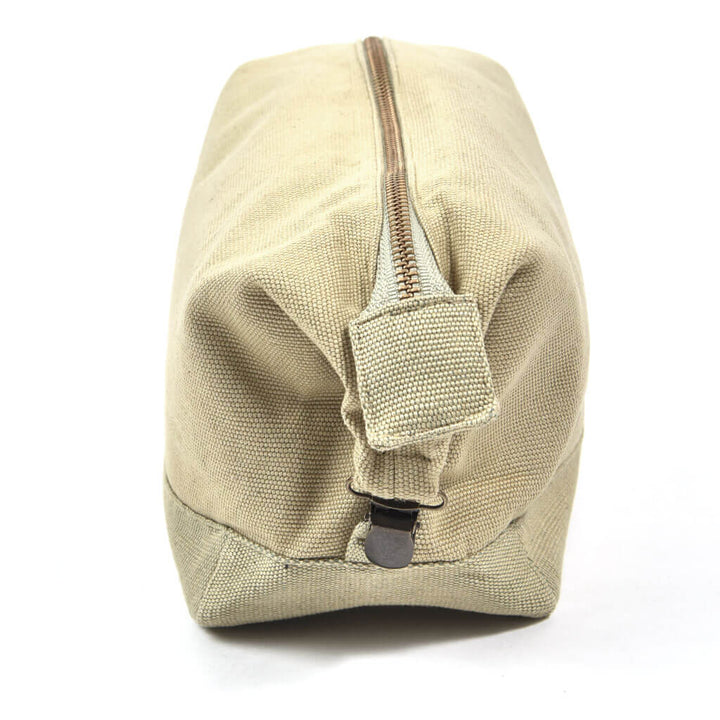 Hand Woven Toiletry Bag | Khaki Canvas with Sage Base "Charming Accident"