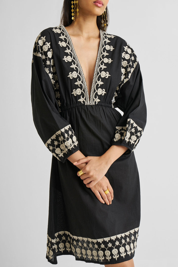 Deep V Embroidered Dress in Black