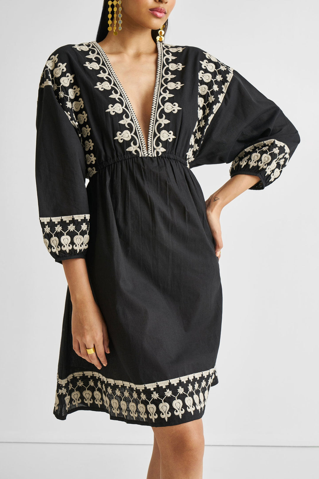 Deep V Embroidered Dress in Black