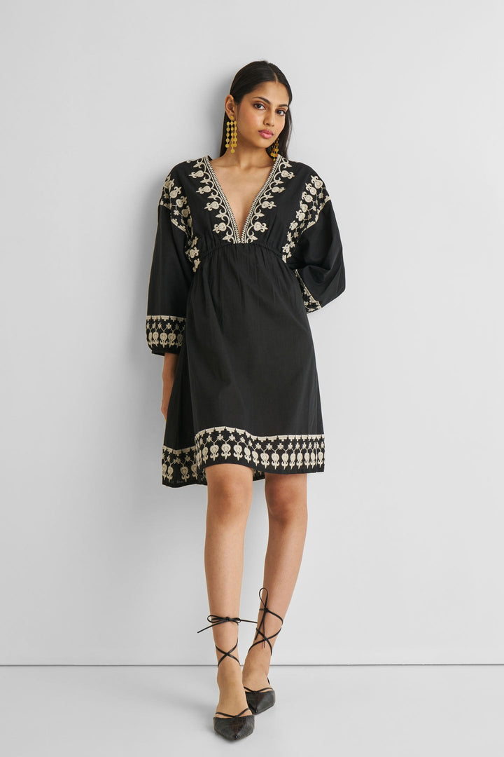 Deep V Embroidered Dress in Black