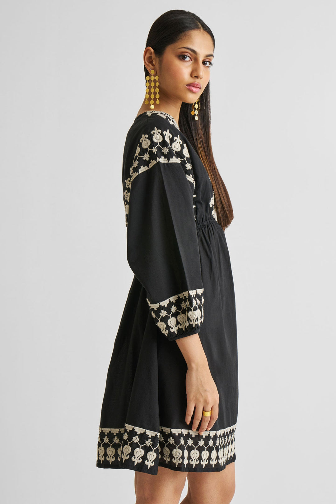 Deep V Embroidered Dress in Black