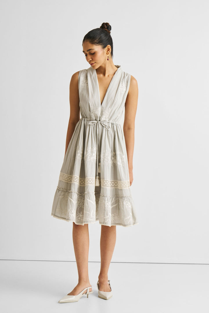 Embroidered Drawstring Gathered Dress