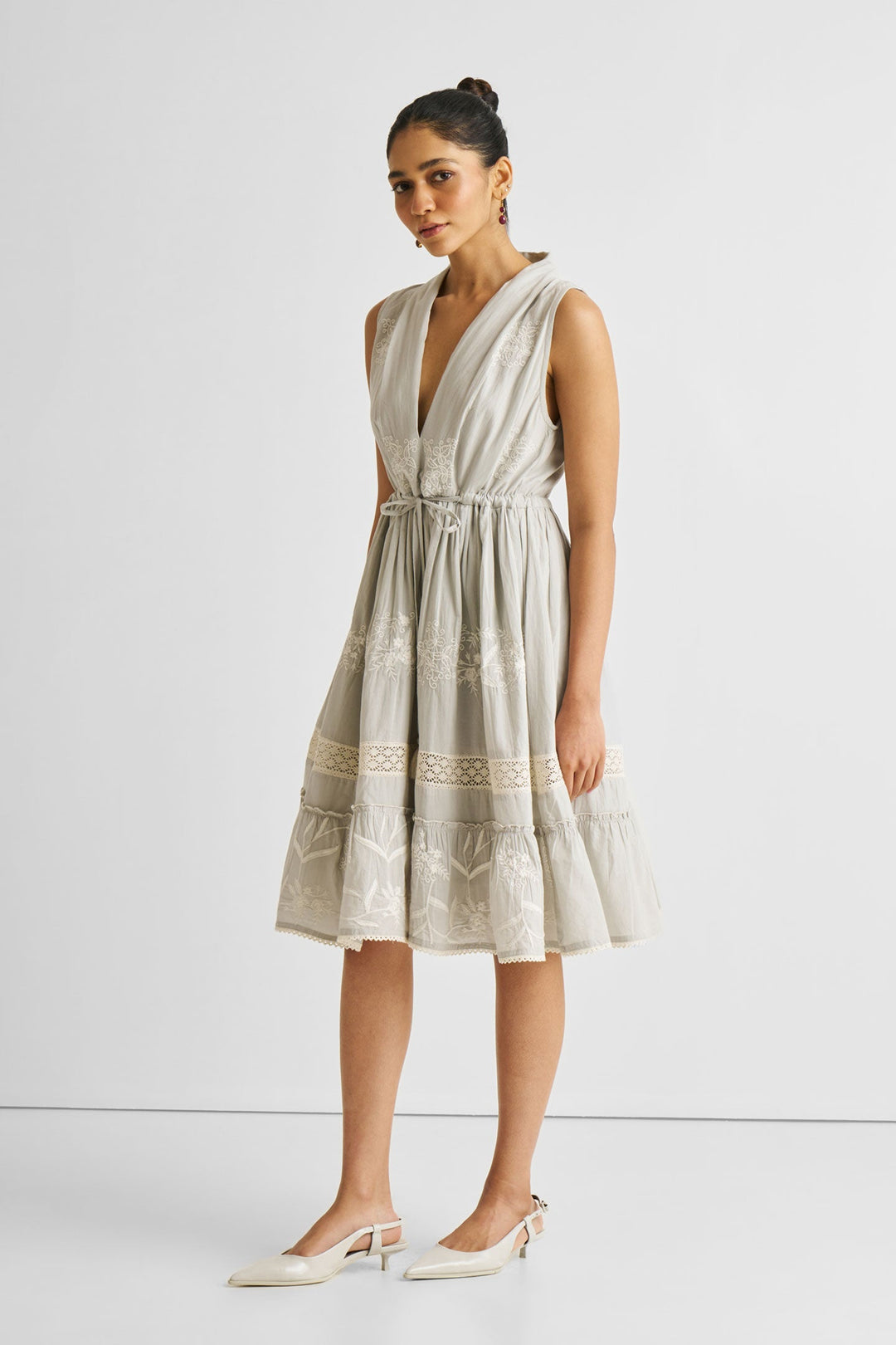 Embroidered Drawstring Gathered Dress