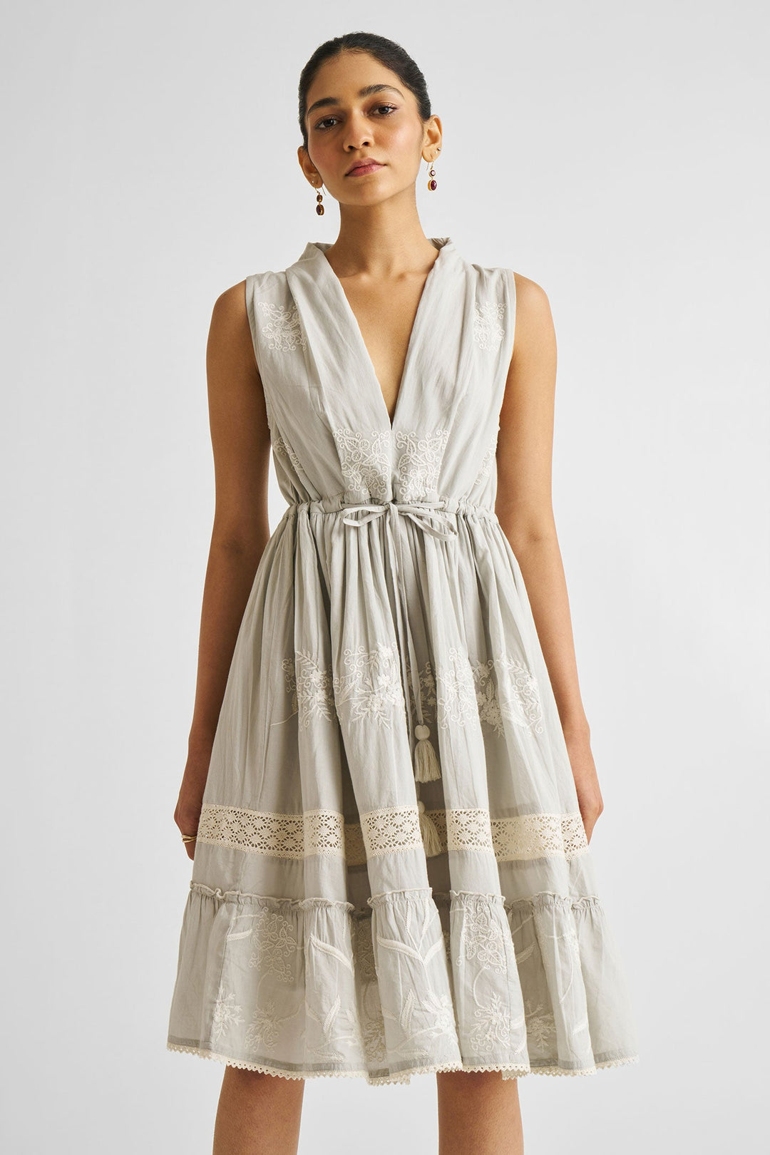 Embroidered Drawstring Gathered Dress