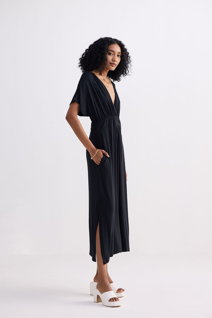 Flowy A-Line Maxi Dress with Side Slits in Black