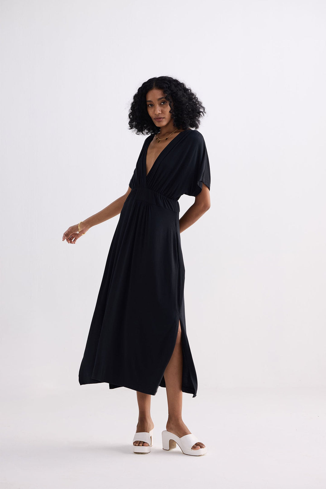 Flowy A-Line Maxi Dress with Side Slits in Black