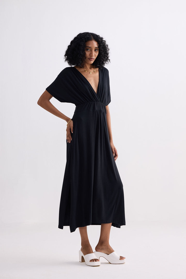 Flowy A-Line Maxi Dress with Side Slits in Black