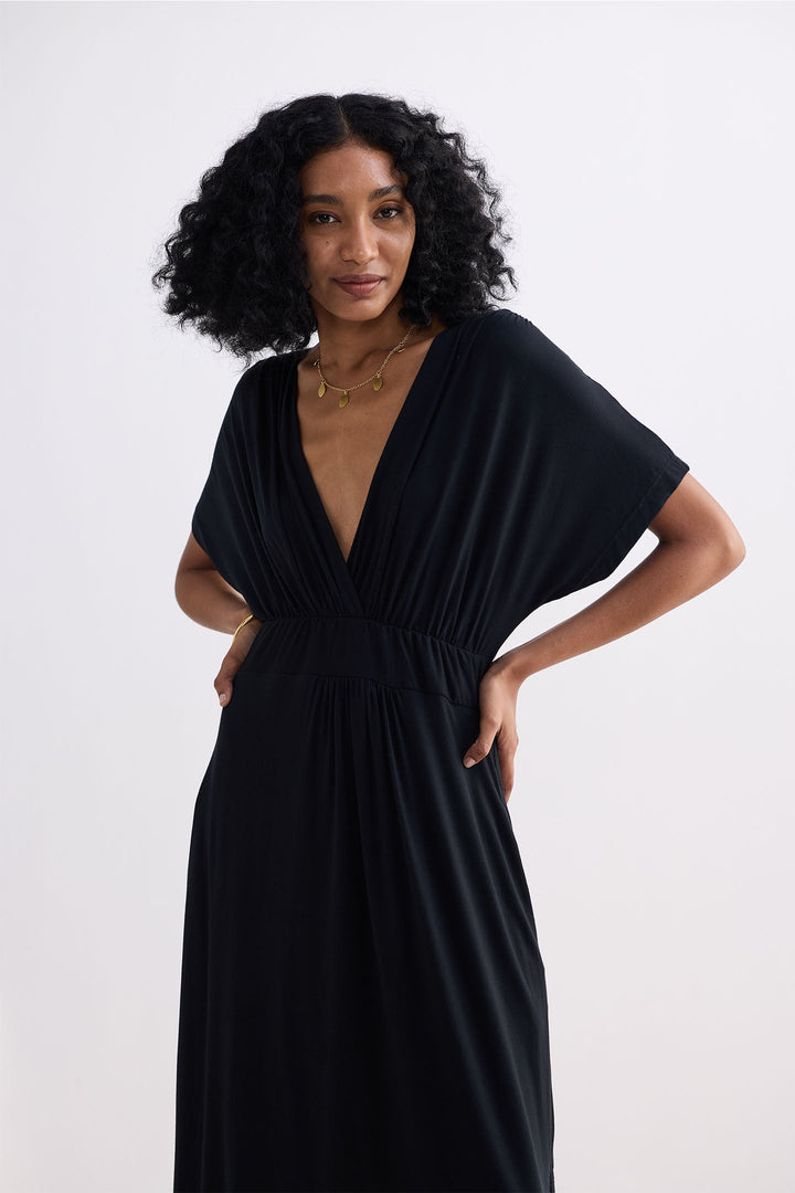 Flowy A-Line Maxi Dress with Side Slits in Black