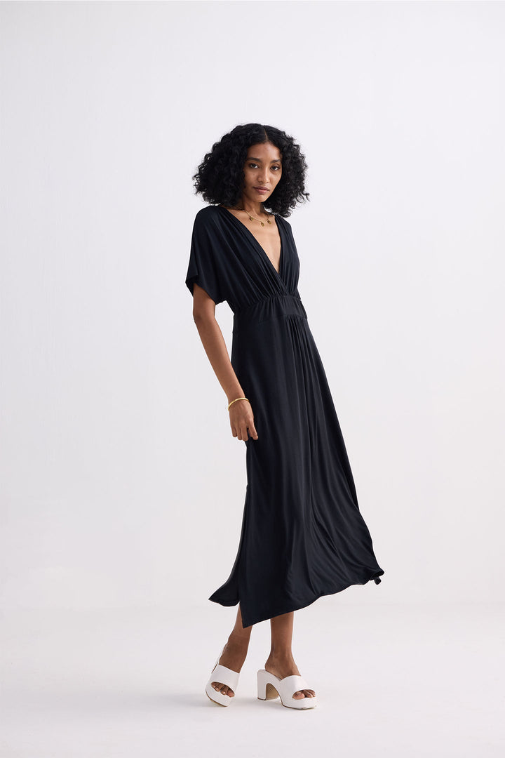 Flowy A-Line Maxi Dress with Side Slits in Black