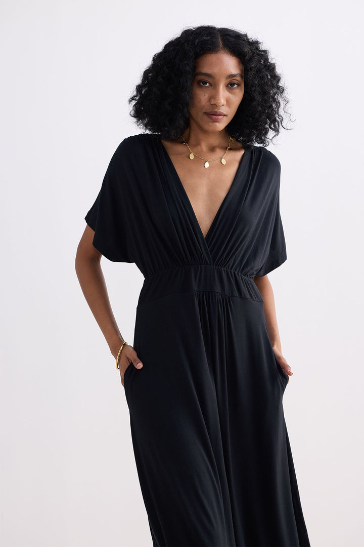 Flowy A-Line Maxi Dress with Side Slits in Black