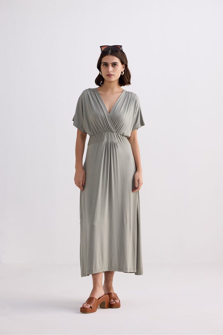 Flowy A-Line Maxi Dress with Side Slits in Light Olive