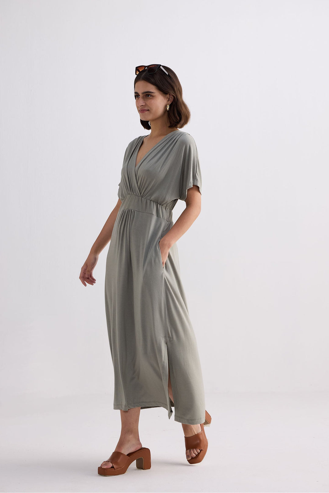 Flowy A-Line Maxi Dress with Side Slits in Light Olive