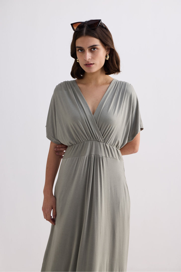 Flowy A-Line Maxi Dress with Side Slits in Light Olive