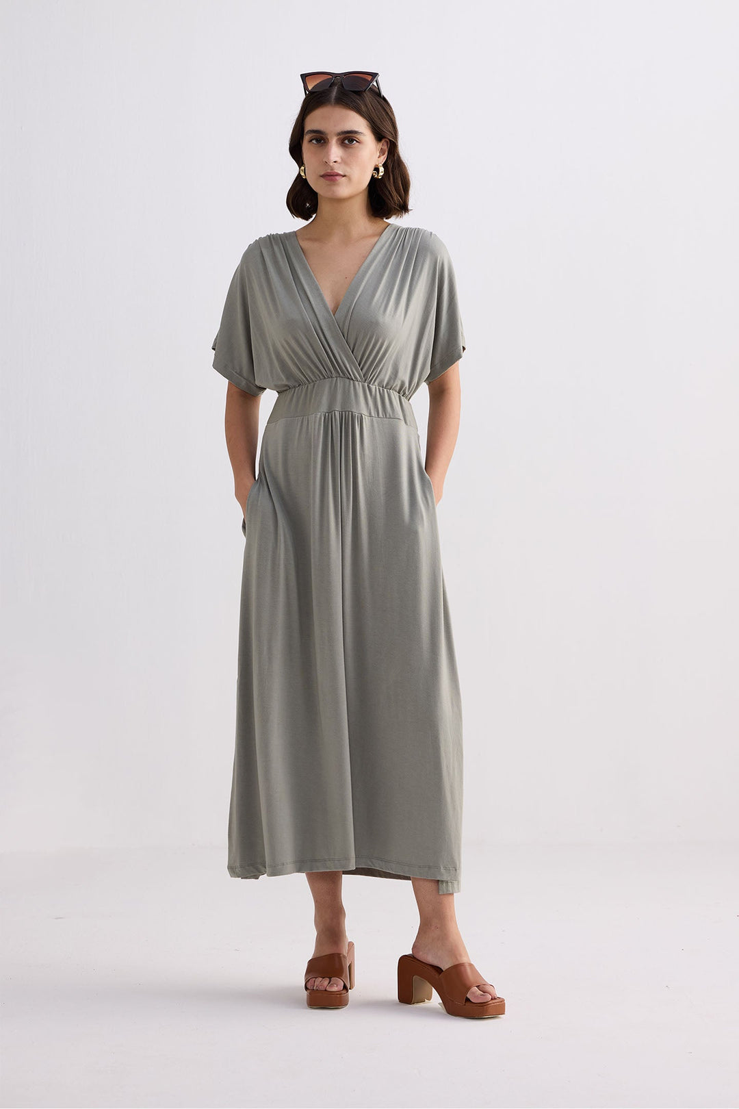 Flowy A-Line Maxi Dress with Side Slits in Light Olive