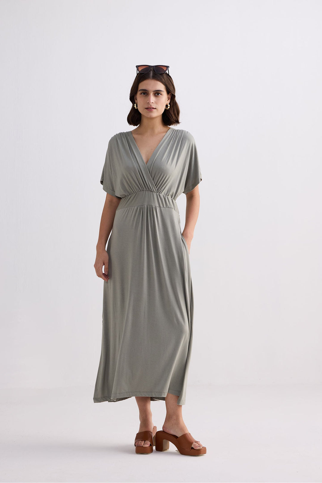 Flowy A-Line Maxi Dress with Side Slits in Light Olive