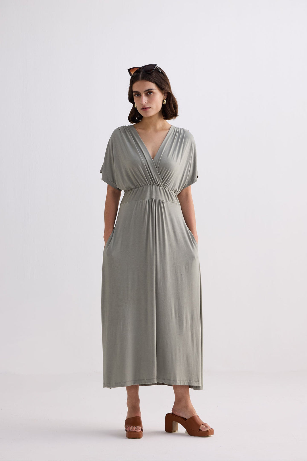 Flowy A-Line Maxi Dress with Side Slits in Light Olive