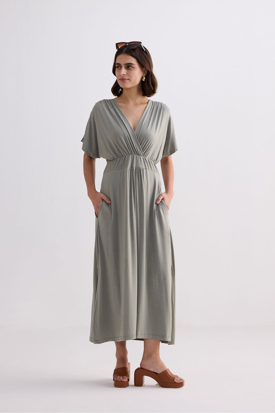 Flowy A-Line Maxi Dress with Side Slits in Light Olive