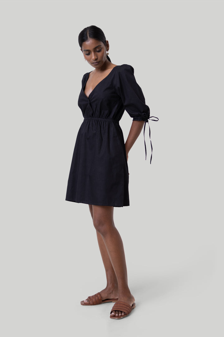 Gathered Elbow Sleeve Short Dress in Black