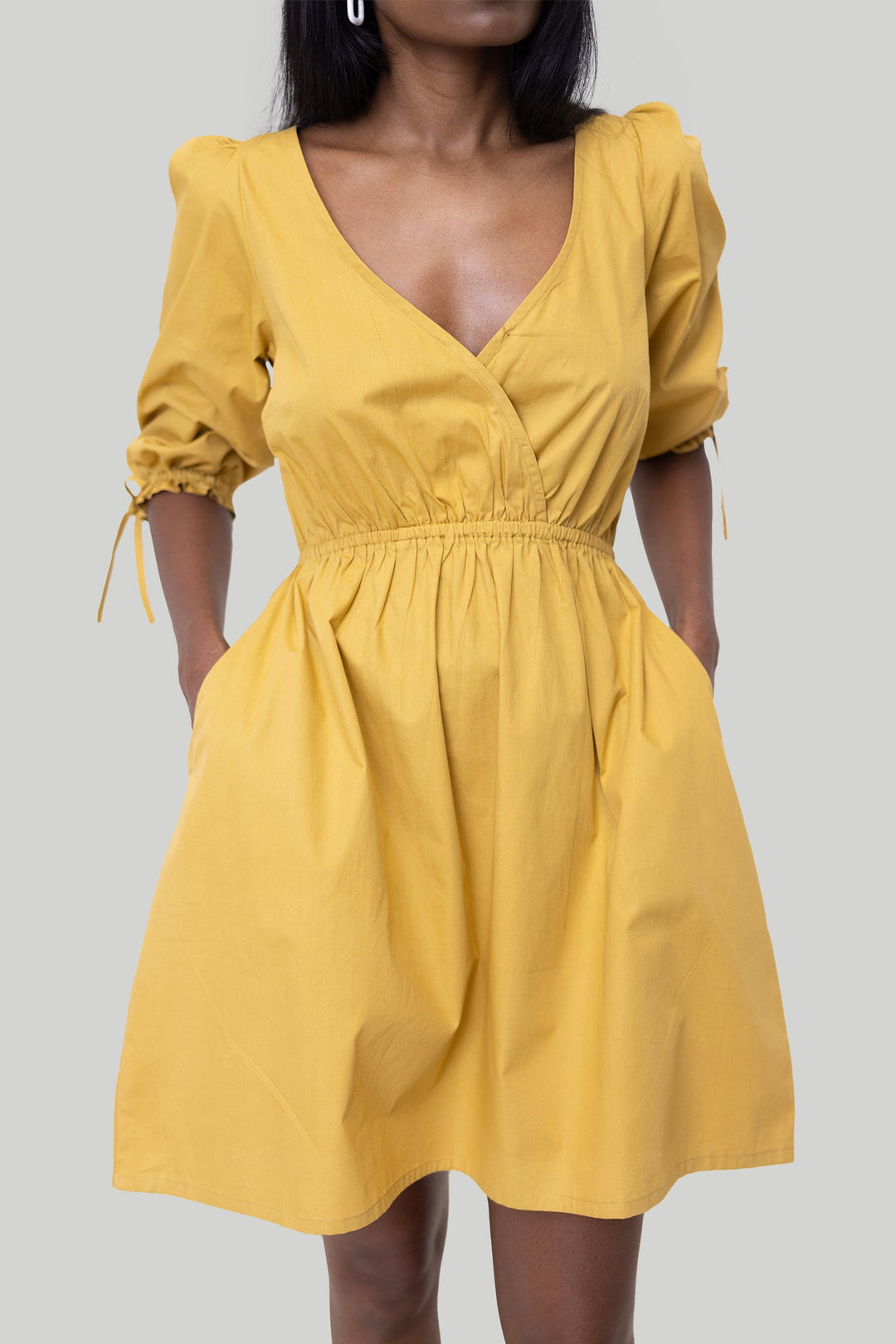 Gathered Elbow Sleeve Short Dress in Mustard