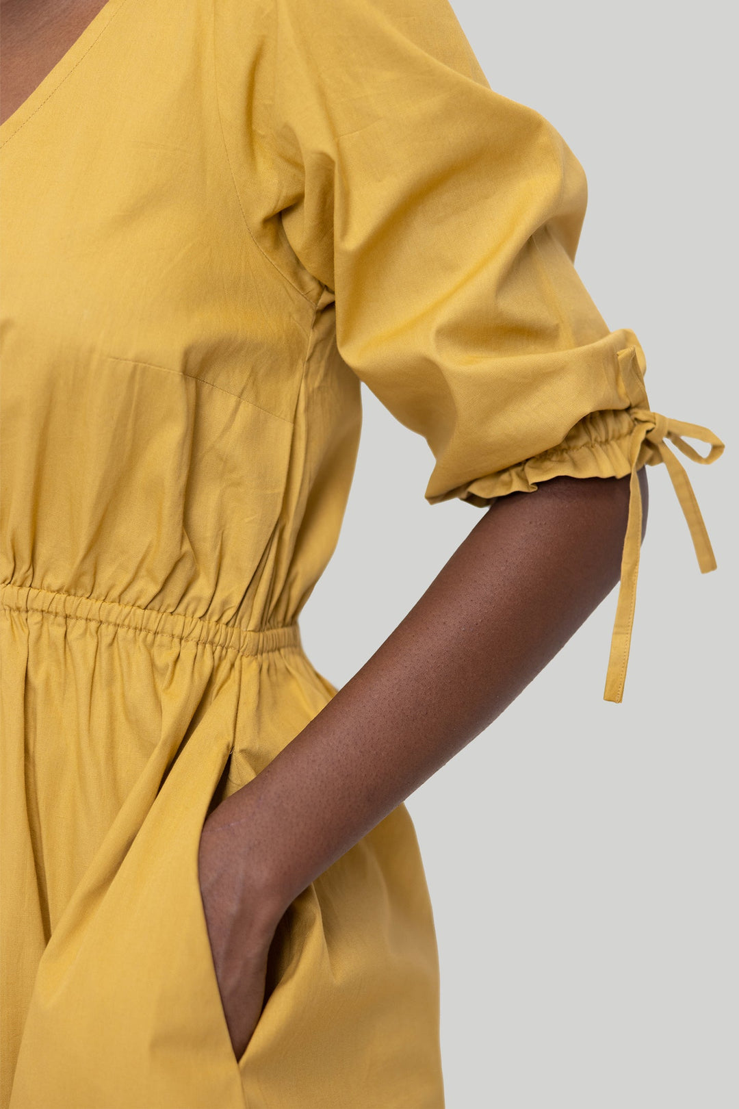 Gathered Elbow Sleeve Short Dress in Mustard