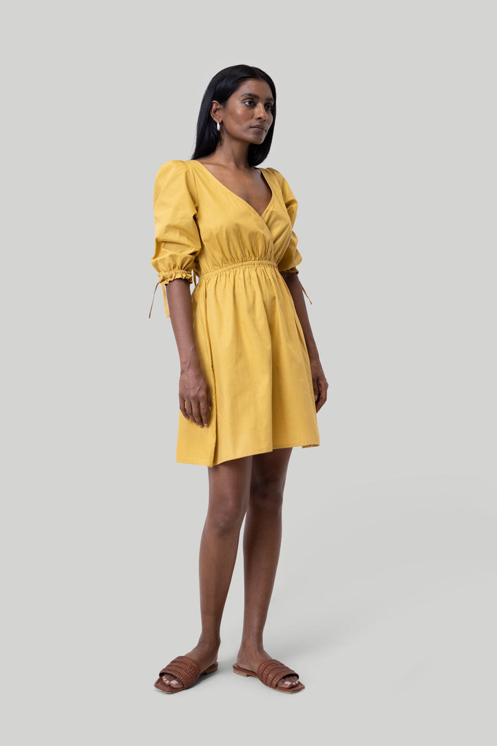 Gathered Elbow Sleeve Short Dress in Mustard