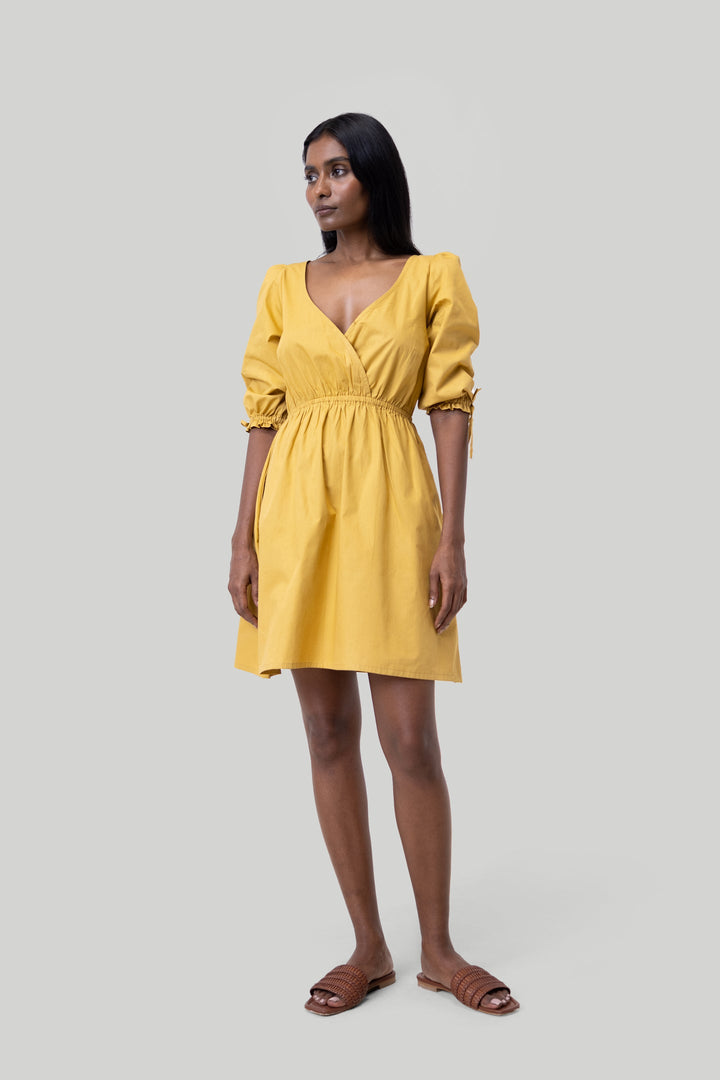 Gathered Elbow Sleeve Short Dress in Mustard