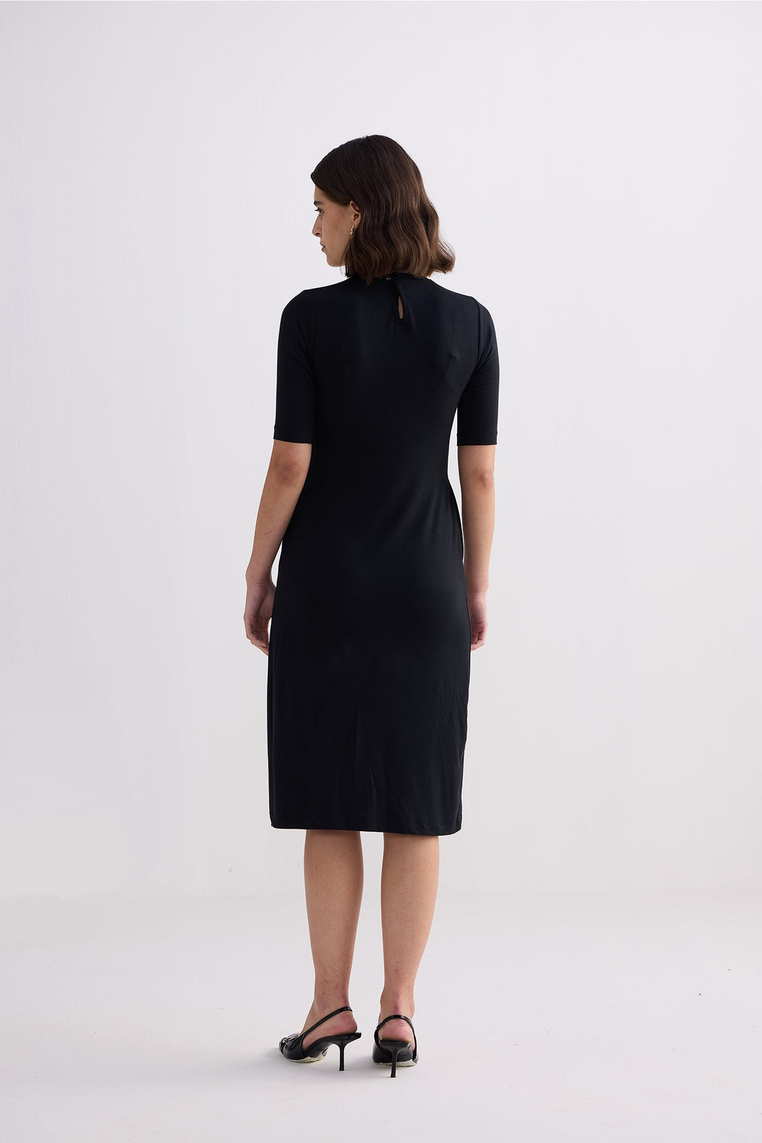 High Crew Neck Elbow Sleeves Fitted Dress in Black