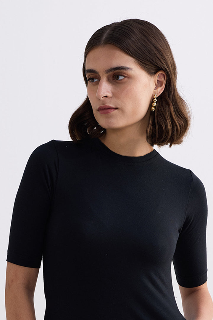 High Crew Neck Elbow Sleeves Fitted Dress in Black