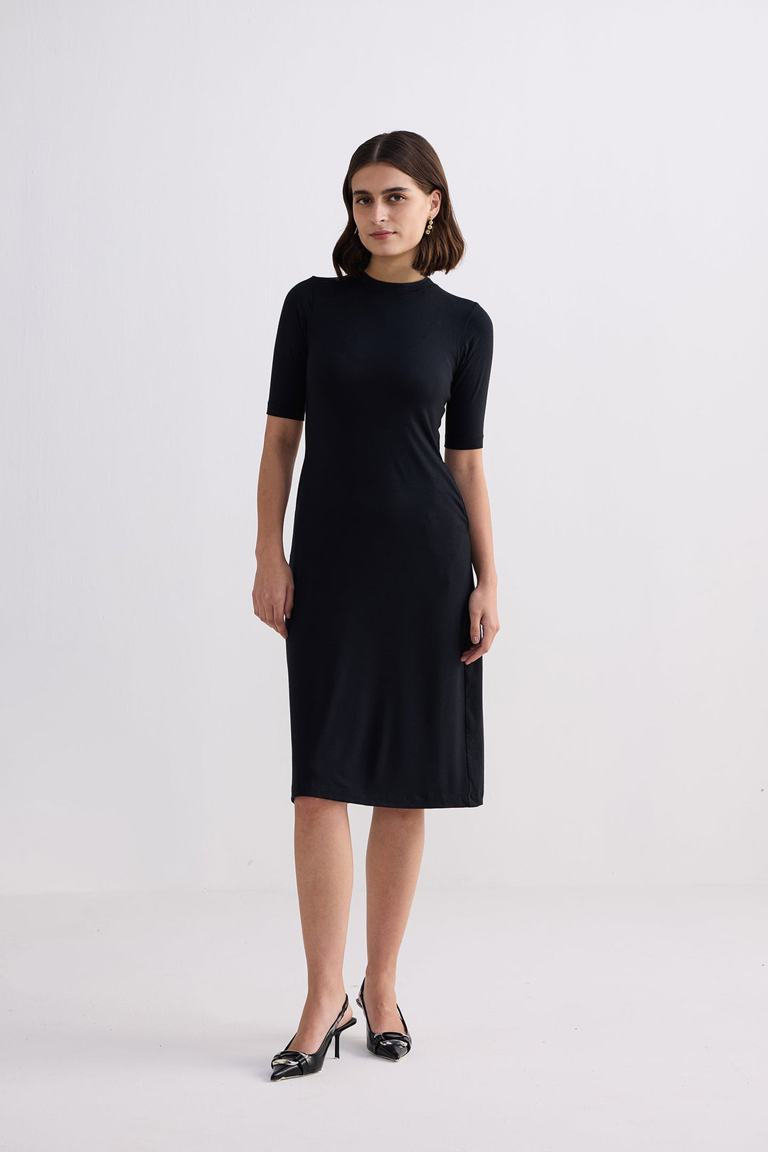 High Crew Neck Elbow Sleeves Fitted Dress in Black