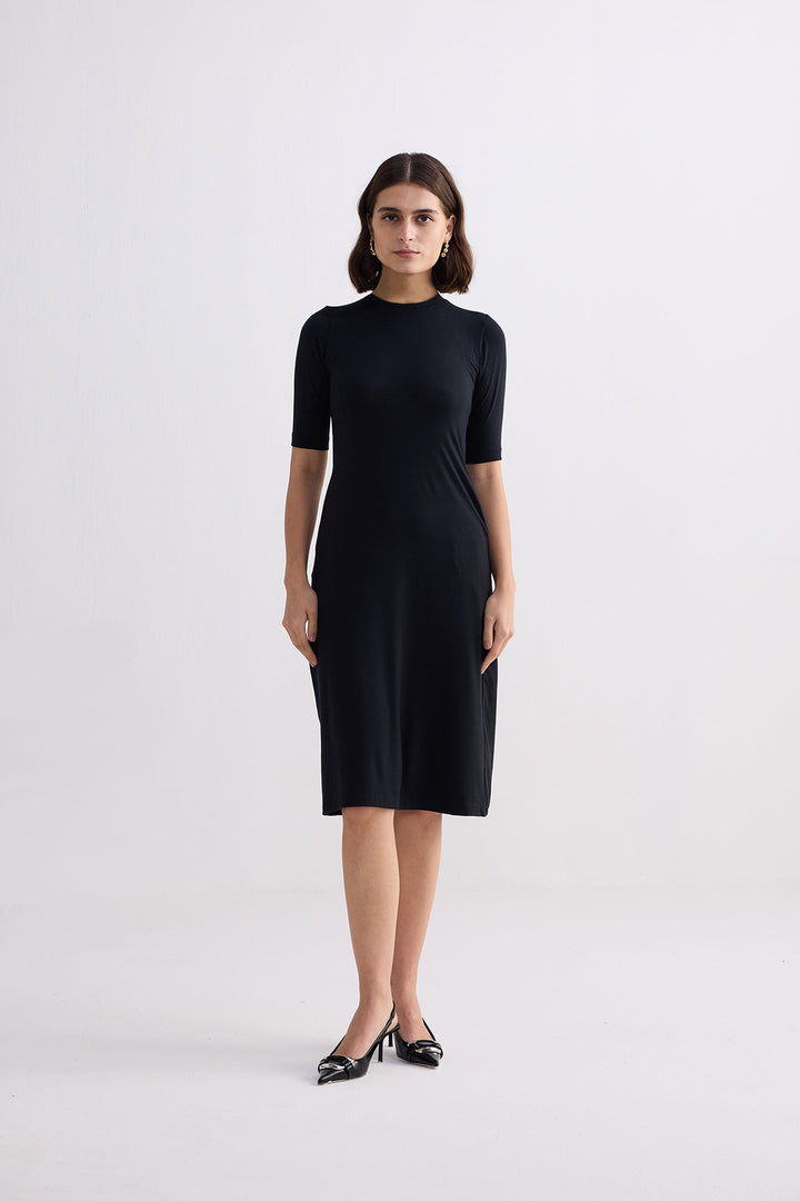 High Crew Neck Elbow Sleeves Fitted Dress in Black