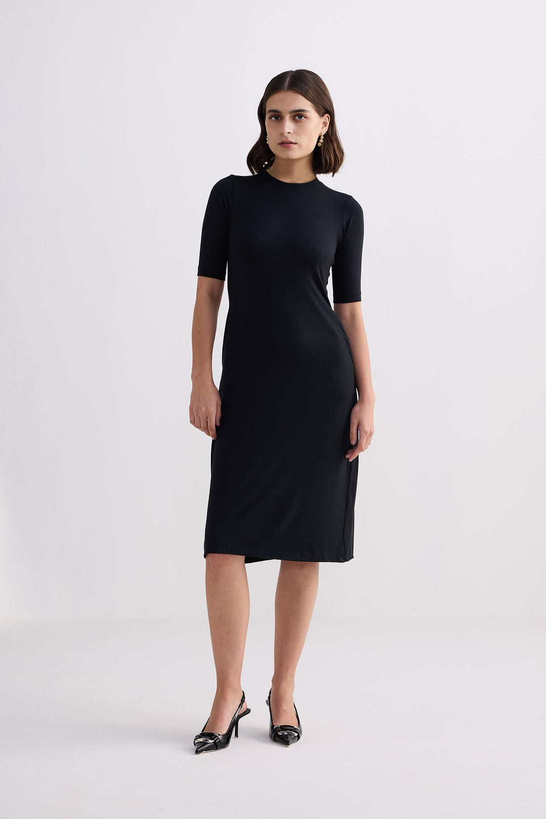 High Crew Neck Elbow Sleeves Fitted Dress in Black