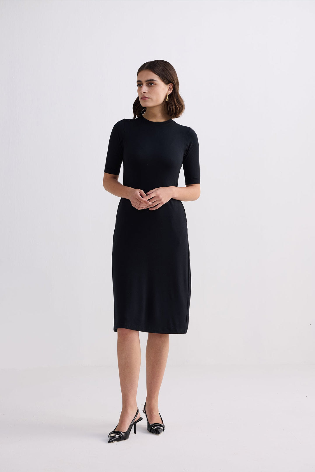 High Crew Neck Elbow Sleeves Fitted Dress in Black