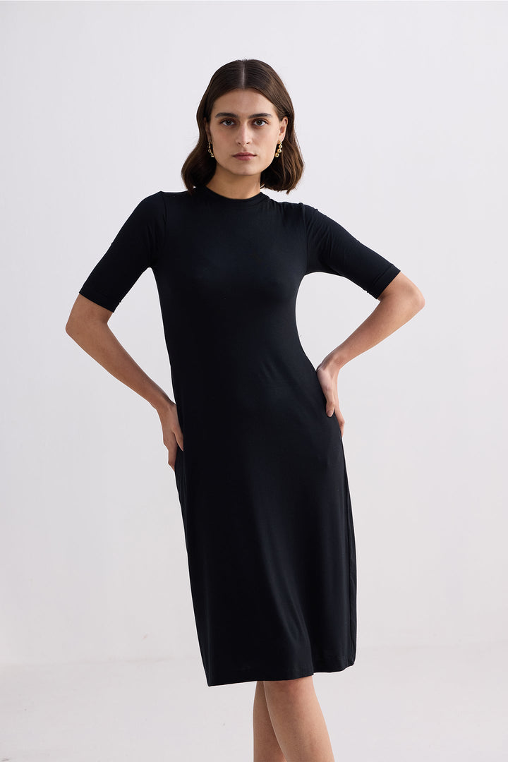 High Crew Neck Elbow Sleeves Fitted Dress in Black