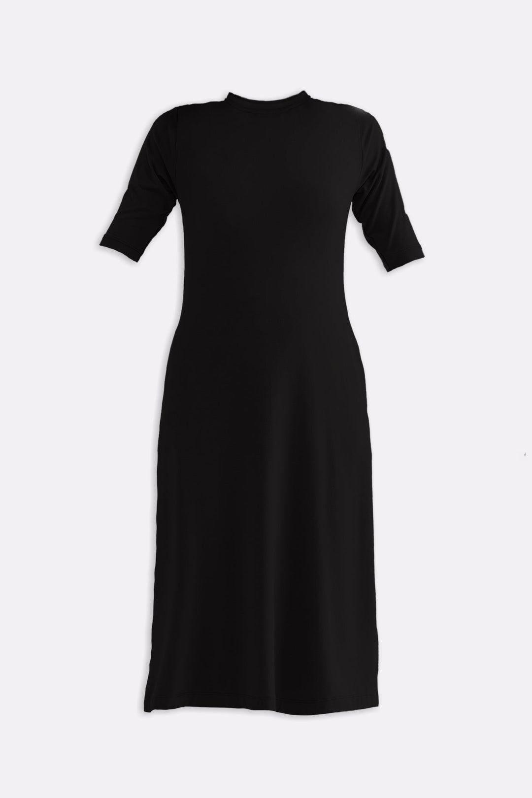 High Crew Neck Elbow Sleeves Fitted Dress in Black