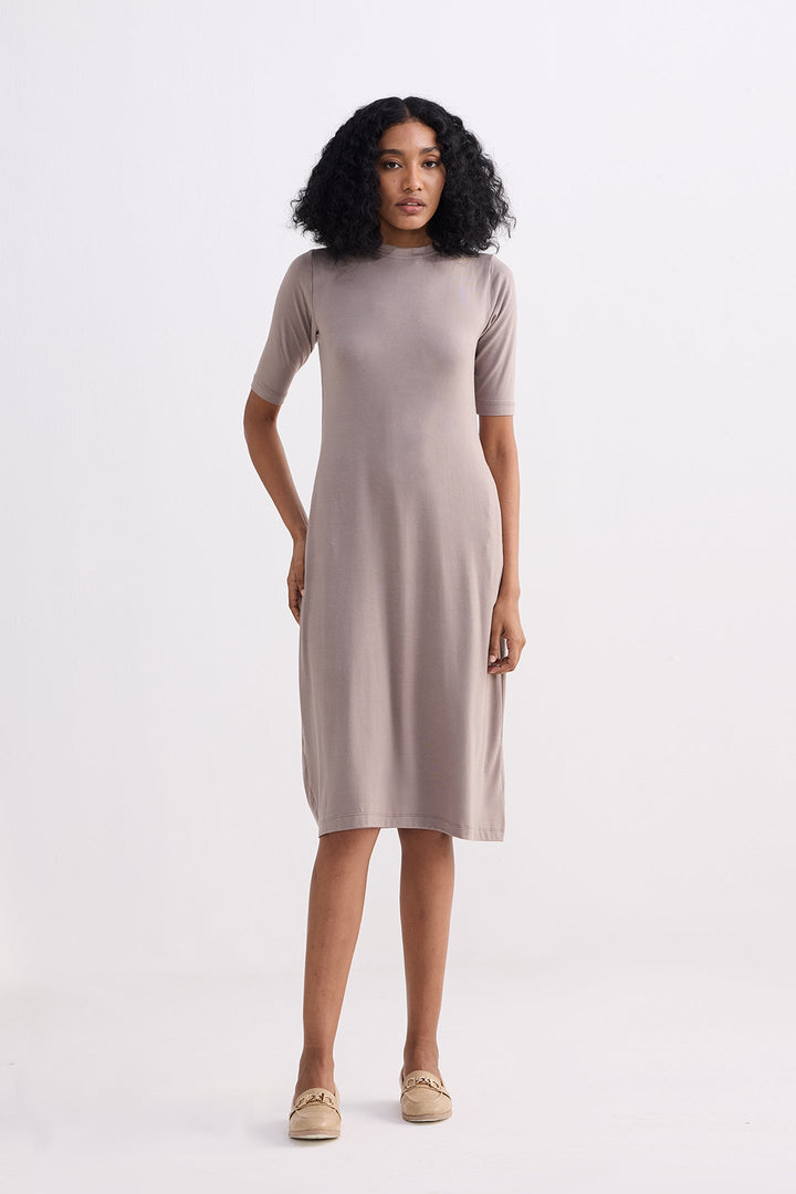 High Crew Neck Elbow Sleeves Fitted Dress in Dusty Brown