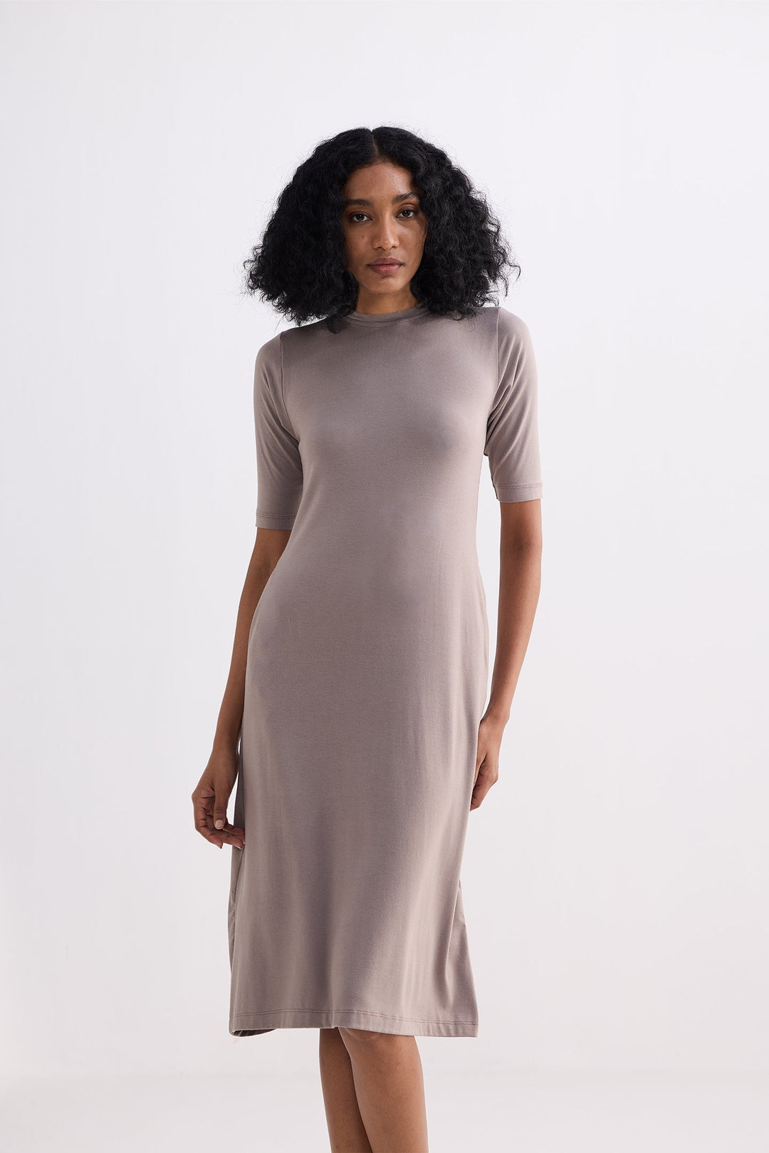 High Crew Neck Elbow Sleeves Fitted Dress in Dusty Brown