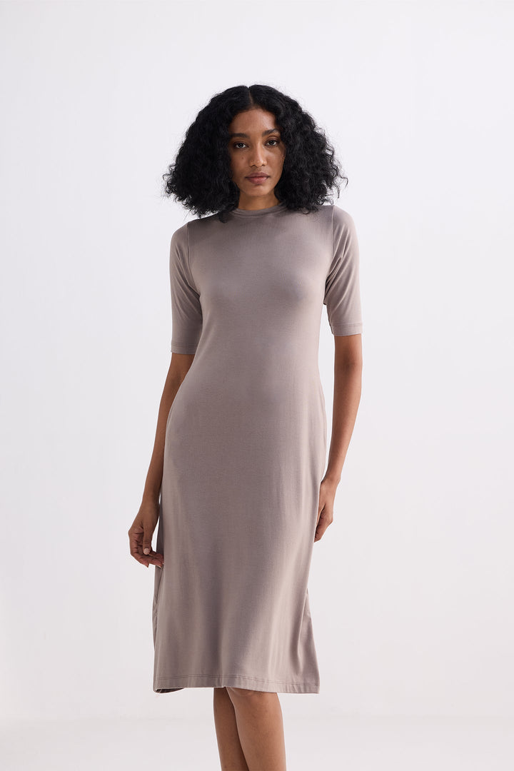 High Crew Neck Elbow Sleeves Fitted Dress in Dusty Brown