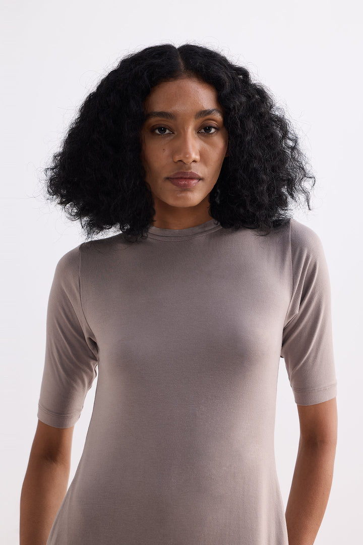 High Crew Neck Elbow Sleeves Fitted Dress in Dusty Brown