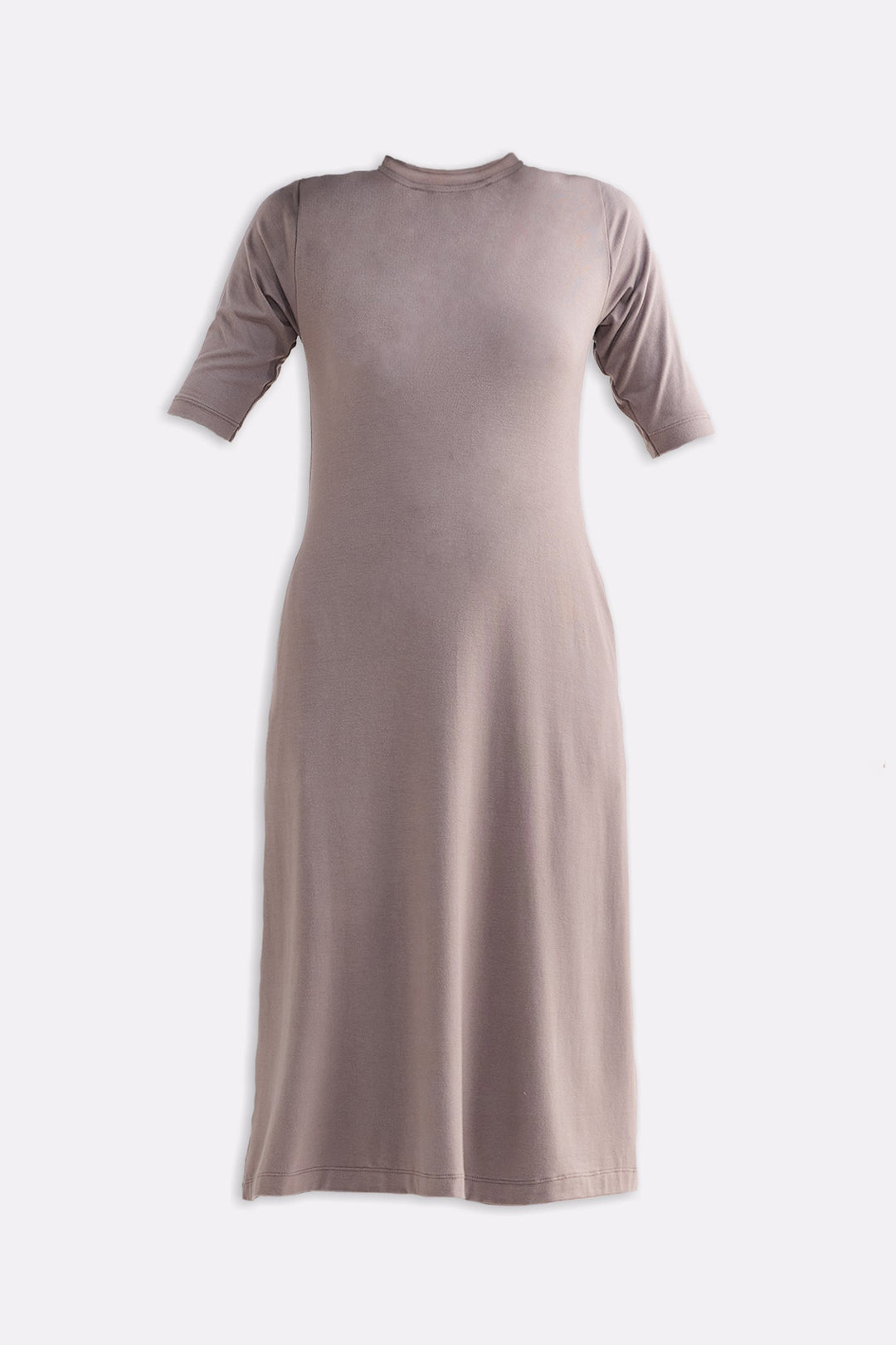 High Crew Neck Elbow Sleeves Fitted Dress in Dusty Brown