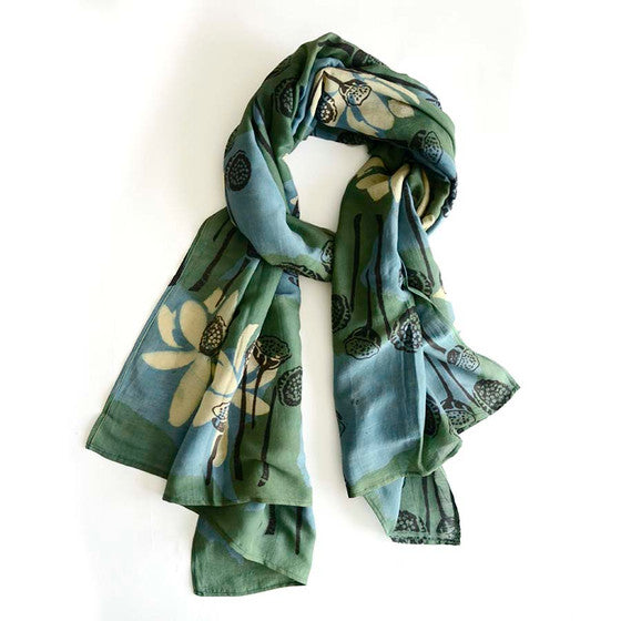 Cotton Silk Block printed Women Scarf/Wrap - Lotus Garden