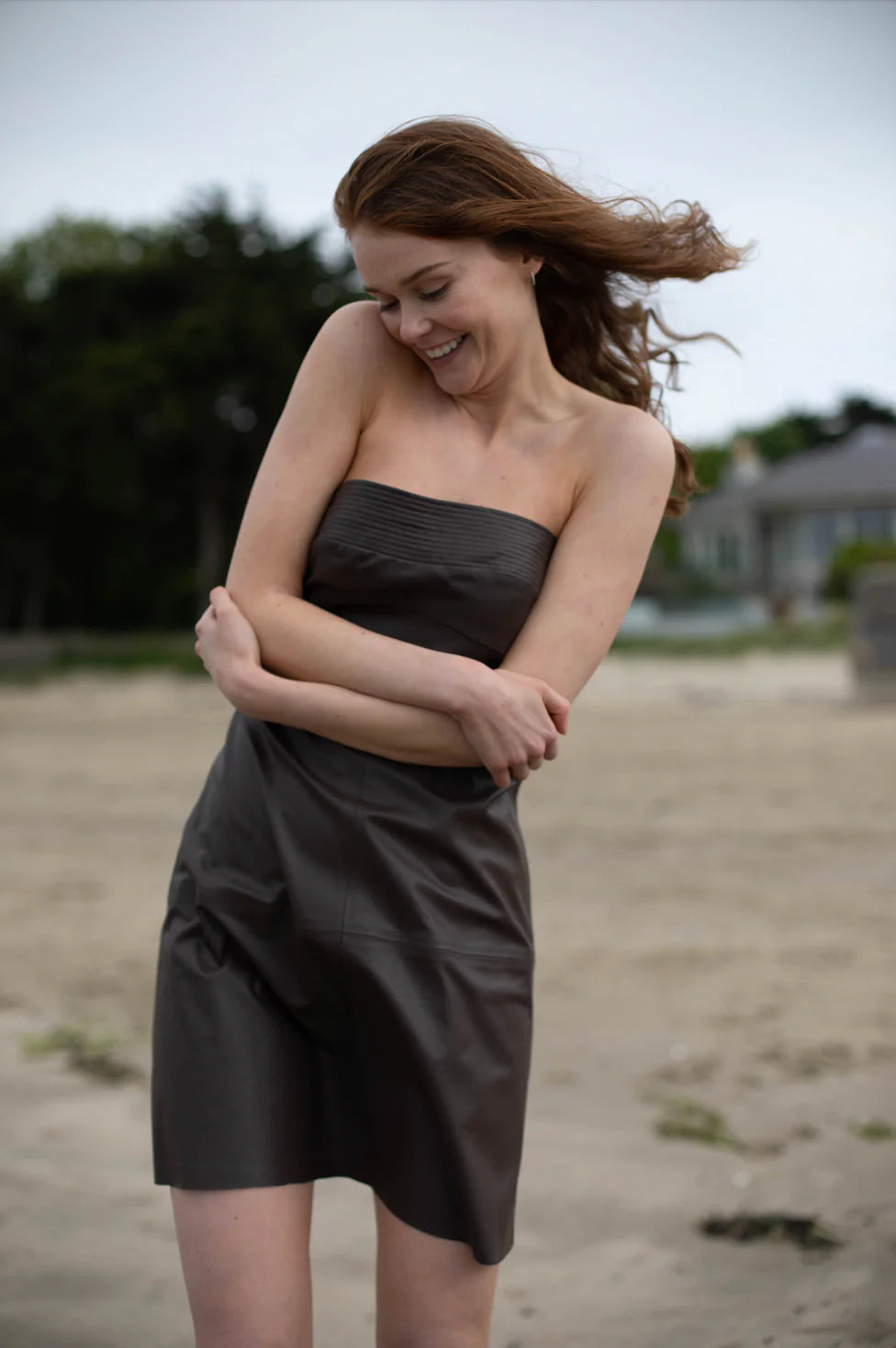 Organic vegan leather strapless dress