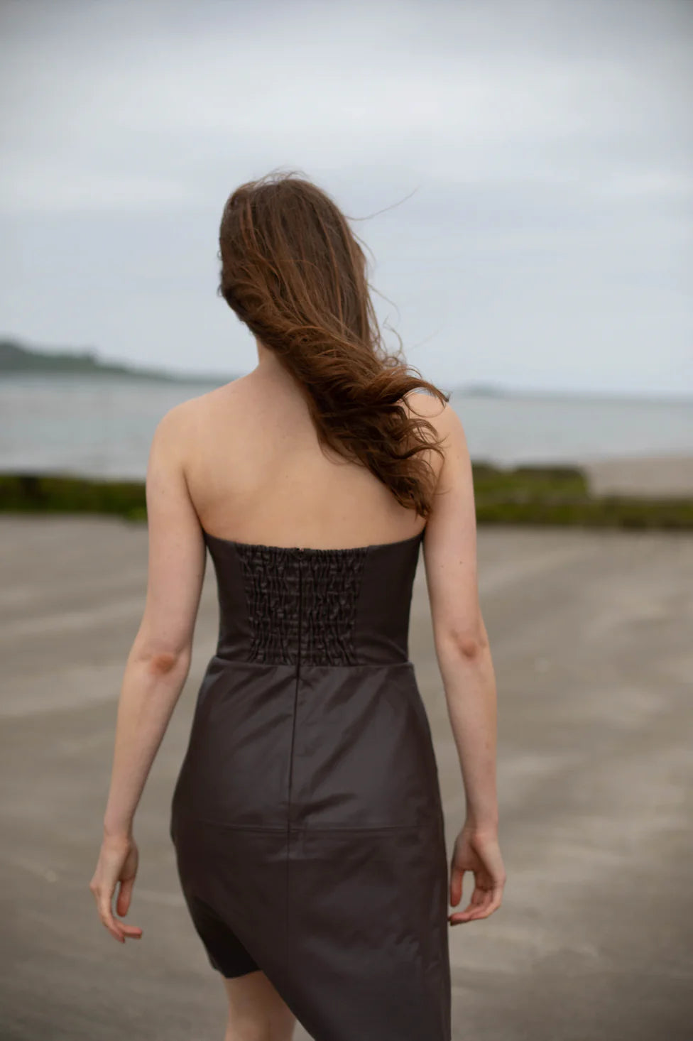 Organic vegan leather strapless dress