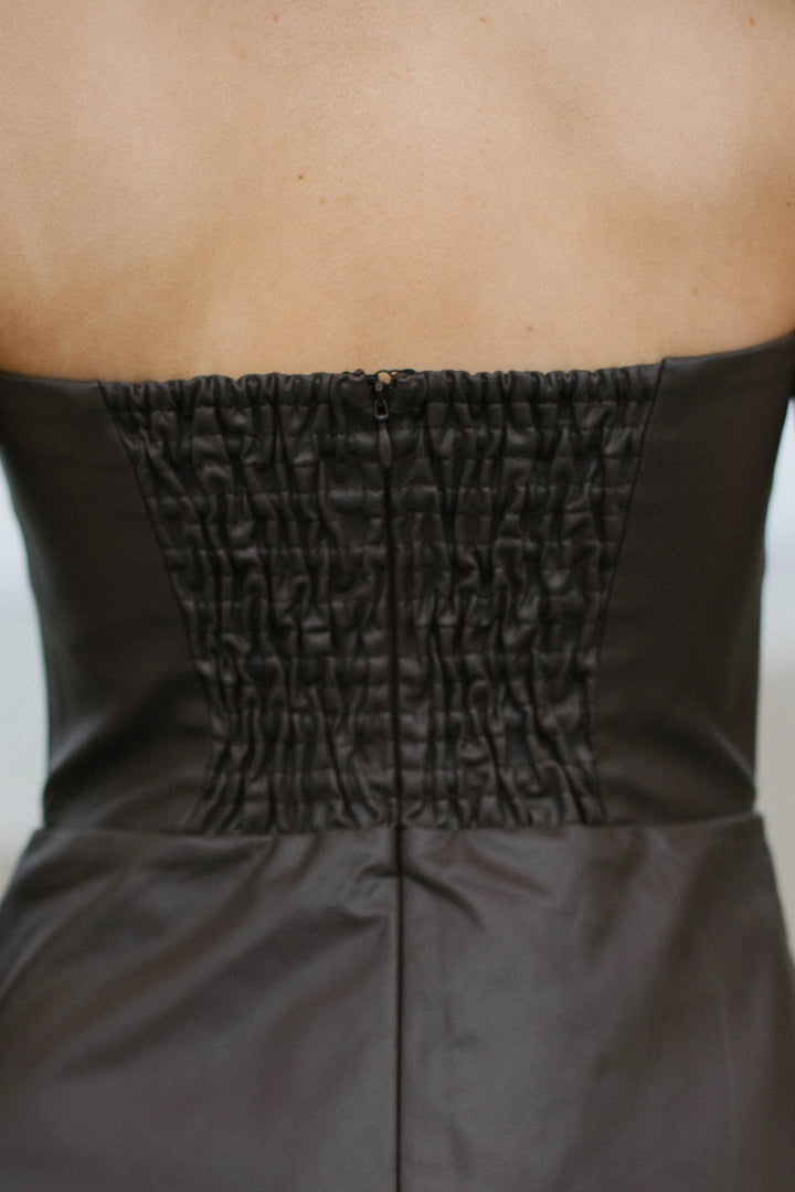 Organic vegan leather strapless dress